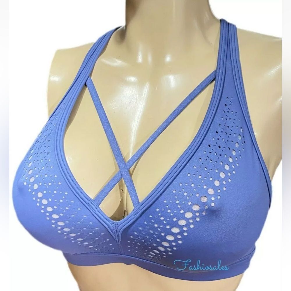 Victoria’s Secret Wet Look Strappy Front unlined crisscross back sport bra blue